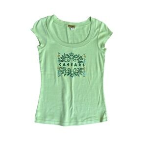 Caesars Palace Y2K Graphic Tee Lime Green Sequin Cap Sleeve Baby Tee Large
